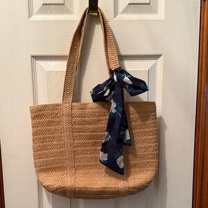 Draper James Tan Woven Tote with Navy Floral Scarf